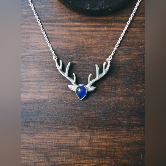 Silver Blue Jade Deer Head Necklace - Picture 3 of 5